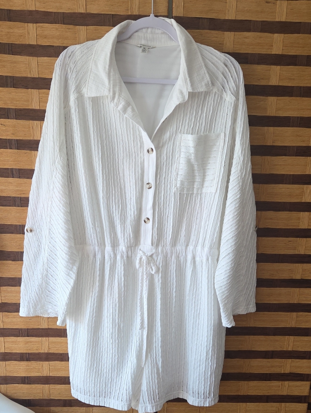 Nwot!! Versona White Textured Button-Front Shirt Romper with Drawstring Lined